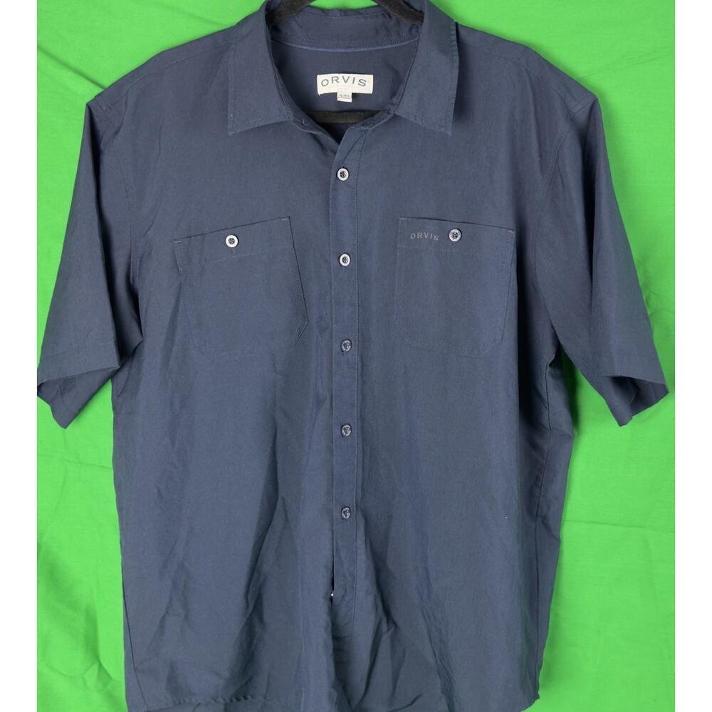 ORVIS Tech Work Shirt Men's XL Polyester Navy Button Up Short Sleeve